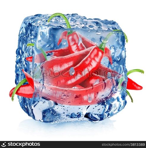 Red pepper in ice cube isolated on white