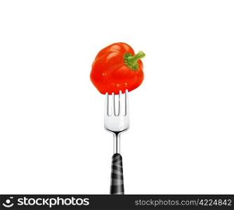 red pepper pierced by fork, isolated on white background