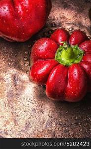 Red pepper rattunda. Red sweet bell pepper on metal background