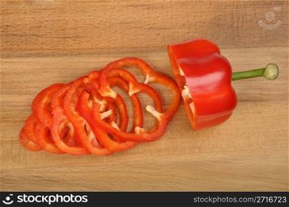 red pepper sliced on a worn cutting board