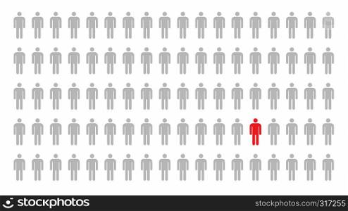 Red person symbol standing in the crowd of people in business leadership or different concept on white background, 3d abstract illustration