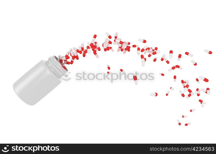 Red pills flying away from open plastic bottle