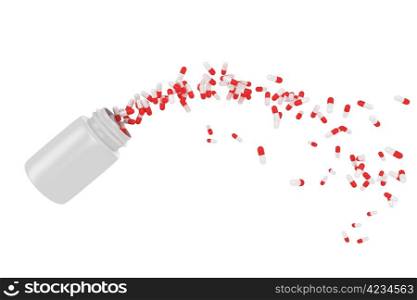 Red pills flying away from open plastic bottle