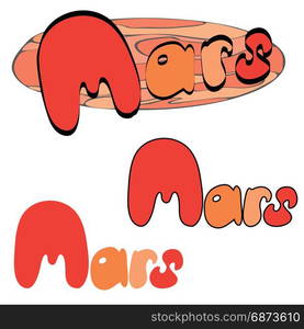 Red planet Mars in the space with stars and shuttles. Hand drawn illustration.. Red planet Mars in the space with stars and shuttles.