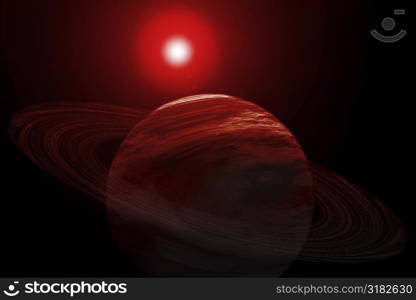 Red Planet With Rings, Stars And Sun