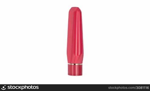 Red plastic bottle for shampoo or other cosmetic products, spins on white background