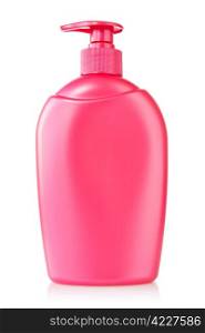 Red plastic bottle with liquid soap on a white background