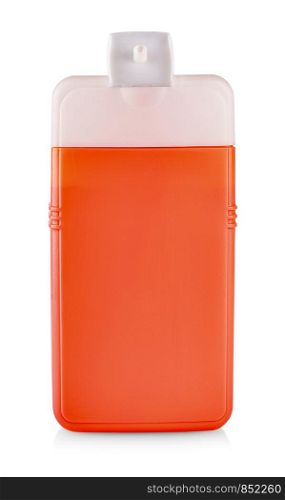 Red Plastic Bottle with Shampoo or hygienic cosmetic product isolated on white