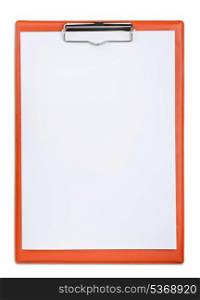 Red plastic clipboard with blank paper sheet isolated on white