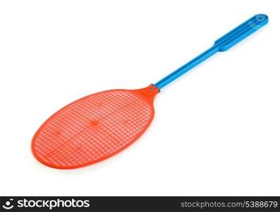 Red plastic fly swatter isolated on white