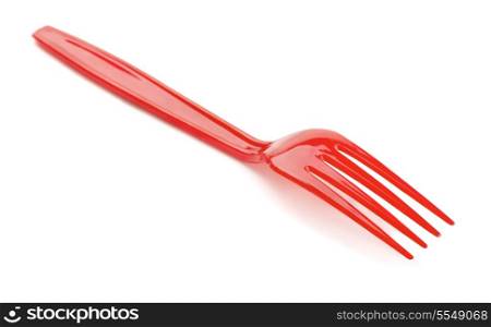 Red plastic fork isolated on white