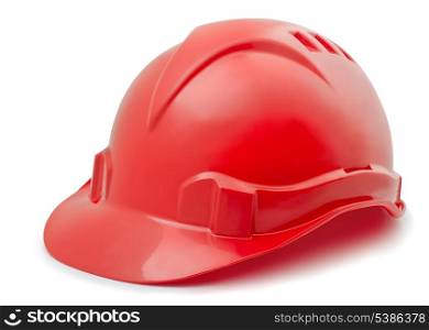 Red plastic hard hat isolated on white