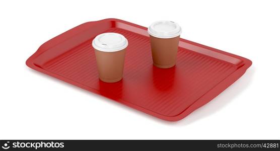 Red plastic tray with two coffee cups on white background