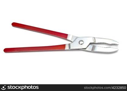 Red pliers closeup on white background