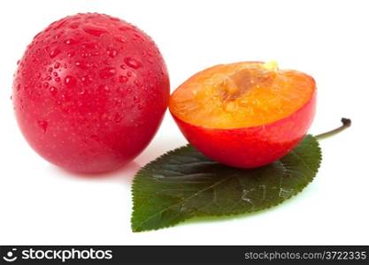 Red plums and leaf isolated on white
