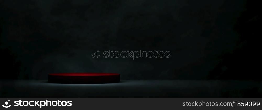 red podium for product display over dark room background. 3D rendering, panoramic mock-up