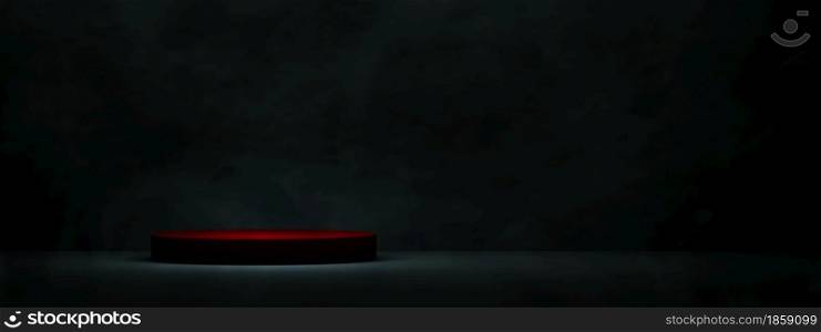 red podium for product display over dark room background. 3D rendering, panoramic mock-up