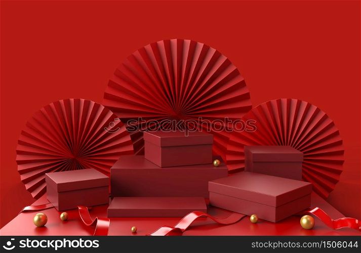 Red Podiums Gifts box for show Luxury products packaging presentation with abstract China paper background and golden ball on the floor, 3D illustration.