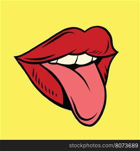 Red pop art mouth with tongue hanging out, illustration. Joke and prank