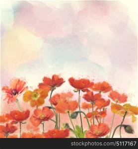 Red Poppy Flowers watercolor illustration. Digital painting.