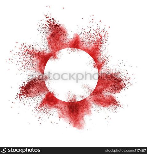 red powder explosion behind a round frame exploding on white background with copy space. red powder explosion behind a round frame exploding on white background