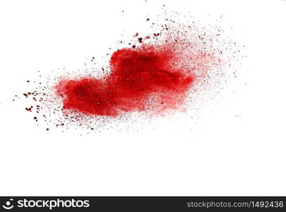 Red powder explosion on white background. Paint Holi.