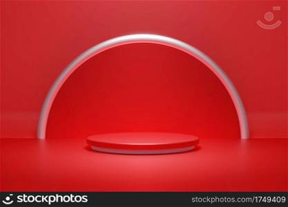 Red product podium stage and silver ring and spot light background. Abstract minimal geometry concept. Exhibition and business marketing presentation. 3D illustration rendering graphic design