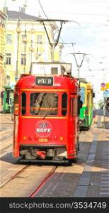 Red pub tram in the capital of Finland, Helsinki