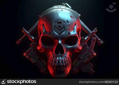 Red punk cyber human skull with weapon. Neural network AI generated art. Red punk cyber human skull with weapon. Neural network AI generated