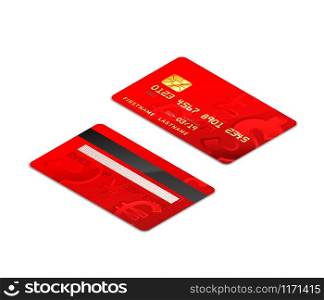 Red realistic credit cards with chip from both sides in isometric projection isolated on white. Red realistic credit cards with chip from both sides in isometric projection on white