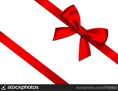 Red realistic gift bow with horizontal ribbon isolated on white background. Vector holiday design element for banner, greeting card, poster.