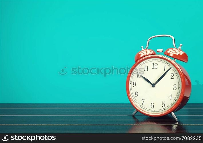 Red retro alarm clock on blue background with vintage filter, 3D rendering