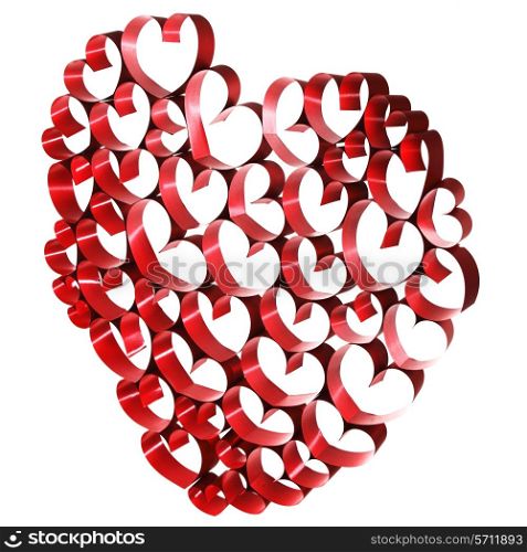 Red ribbons shaped as hearts on white background