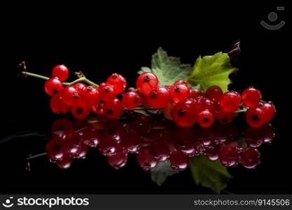 Red Ribes on black background. Fruit with water drops. Generate Ai. Red Ribes on black background