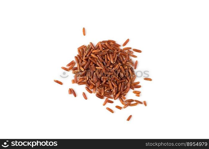 Red rice closeup on white, top view, food background
