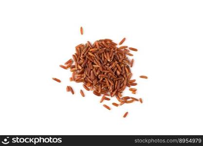 Red rice closeup on white, top view, food background