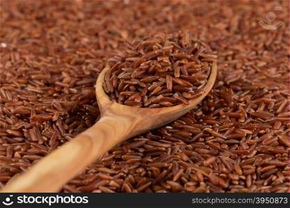 Red rice in a wooden spoon on red rice background