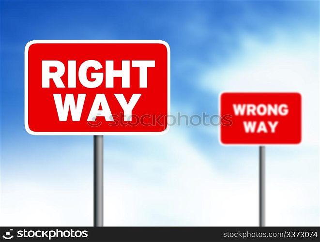 Red right way and wrong way street sign on cloud background.
