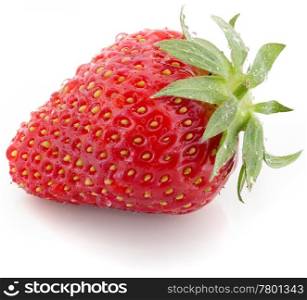 Red ripe strawberry with droplets on white background