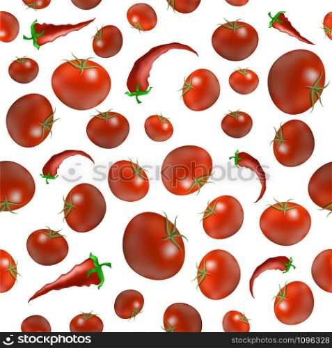 Red Ripe Tomato and Pepper Seamless Pattern Isolated on White Background. Vegetable Organic Texture.. Red Ripe Tomato and Pepper Seamless Pattern Isolated on White Background. Vegetable Organic Texture
