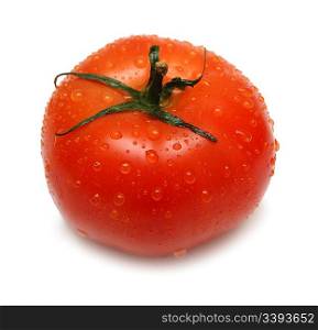 red ripe tomato with water drops isolated on white