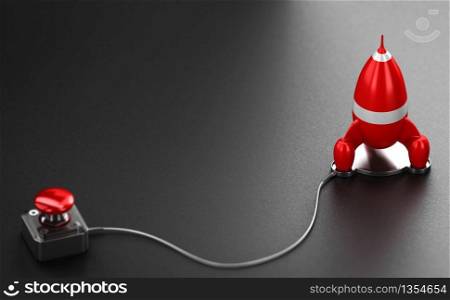 Red rocket and launcher over black background. Business or marketing strategy booster concept. 3D illustration.. Boost Your Business Or Marketing Strategy Concept