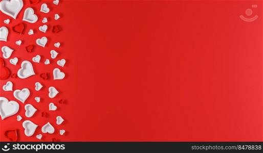 Red romantic background with red hearts on side. Valentine’s Day greeting card mockup. Valentine’s Day background  , flat lay. 3d rendering