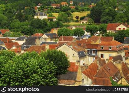 Red rooftops of medieval houses in Sarlat, Dordogne region, France.