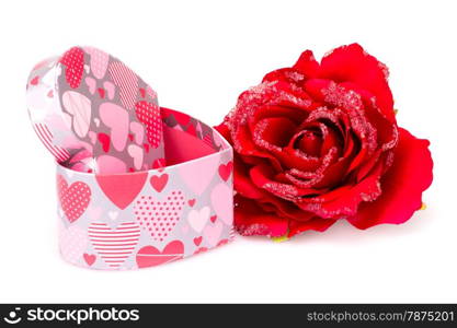 Red rose and gift box isolated on white background.