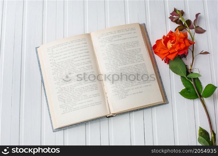 Red rose flower over open book on white wooden background, romantic and love, space for your message.. Red rose flower over open book on white wooden background.