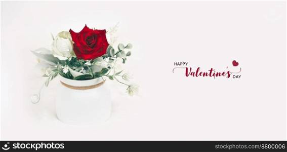 Red rose in pot with white background and decorated with text, Happy valentines day concept