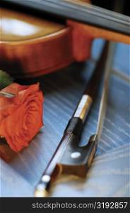 Red rose, violin, violin bow and sheet music, close-up