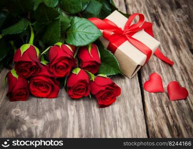 Red roses and gift box on a wooden table