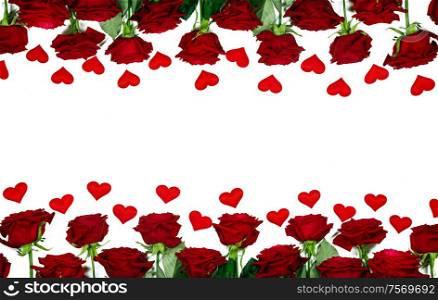 Red roses and the paper hearts border frame isolated on white background, Valentine&rsquo;s Day. Red roses and the paper hearts